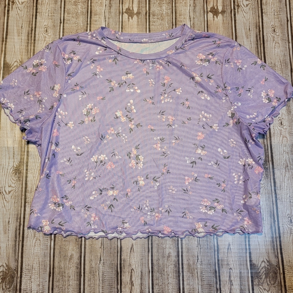Floerns Women's Plus Sheer Purple Floral Crop Top with Lettuce Hem Size …